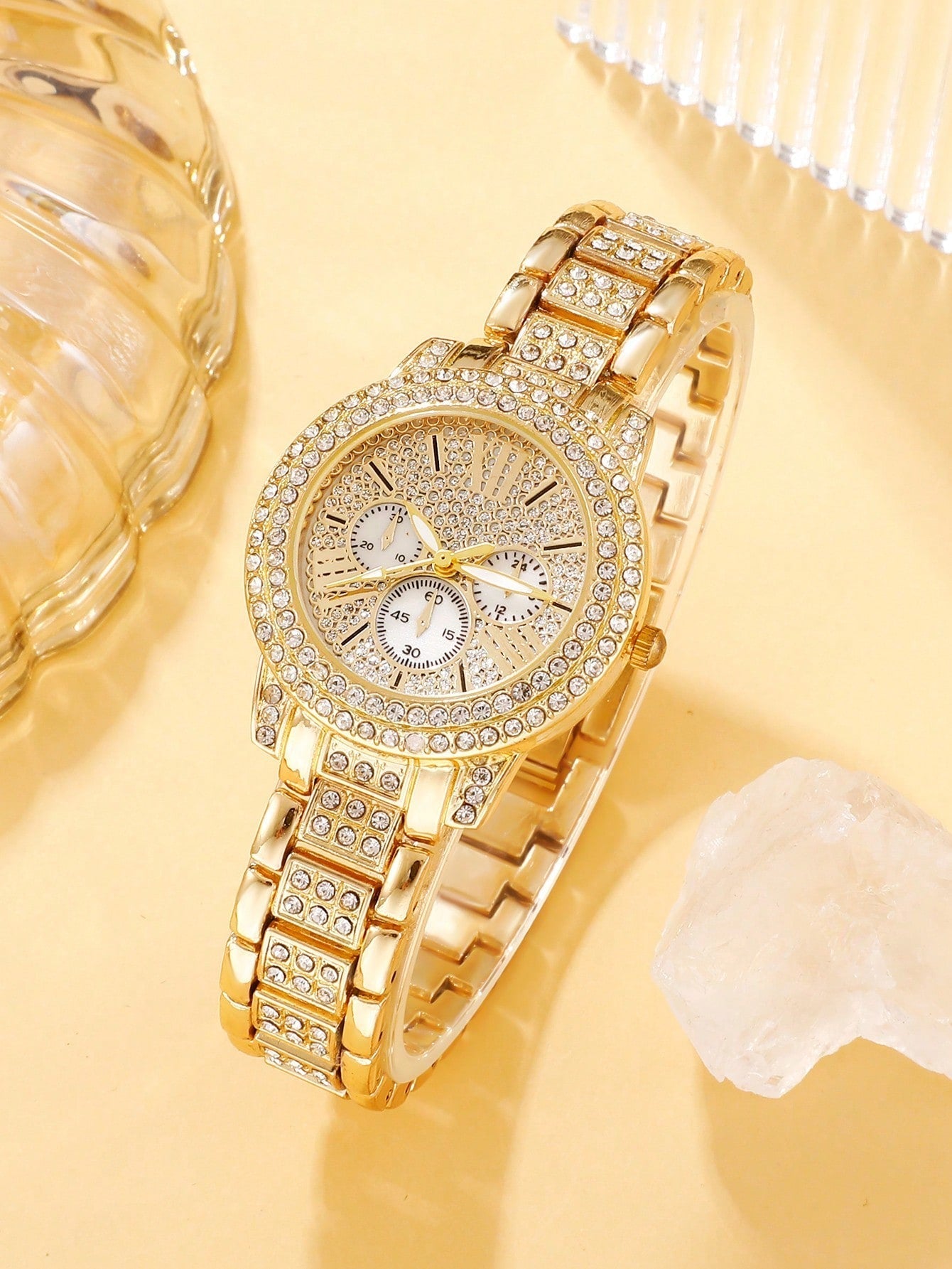 Women's Gold Quartz Watch & Jewelry Set – Rhinestone Watch, Necklace, Earrings & Ring