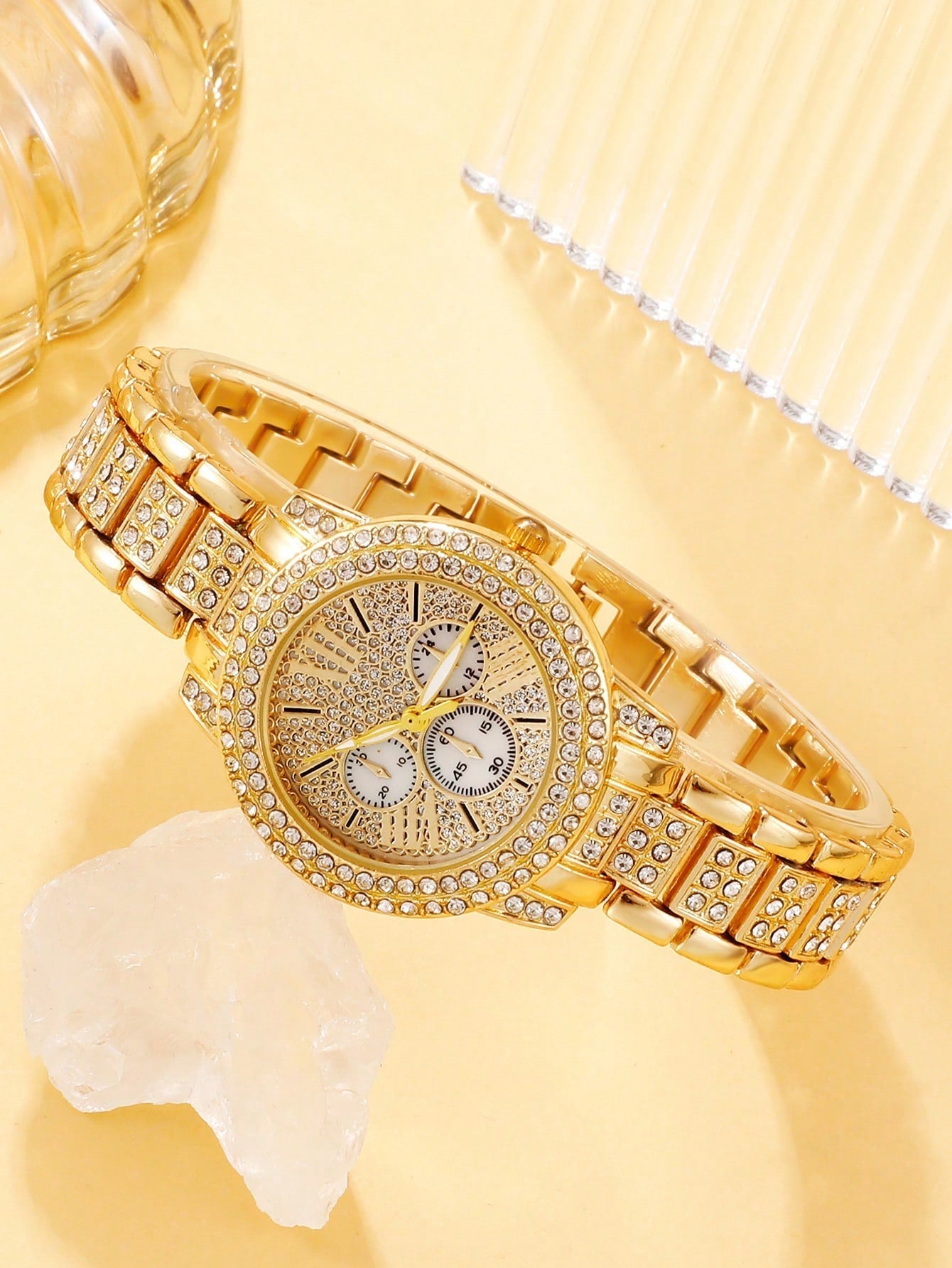 Women's Gold Quartz Watch & Jewelry Set – Rhinestone Watch, Necklace, Earrings & Ring