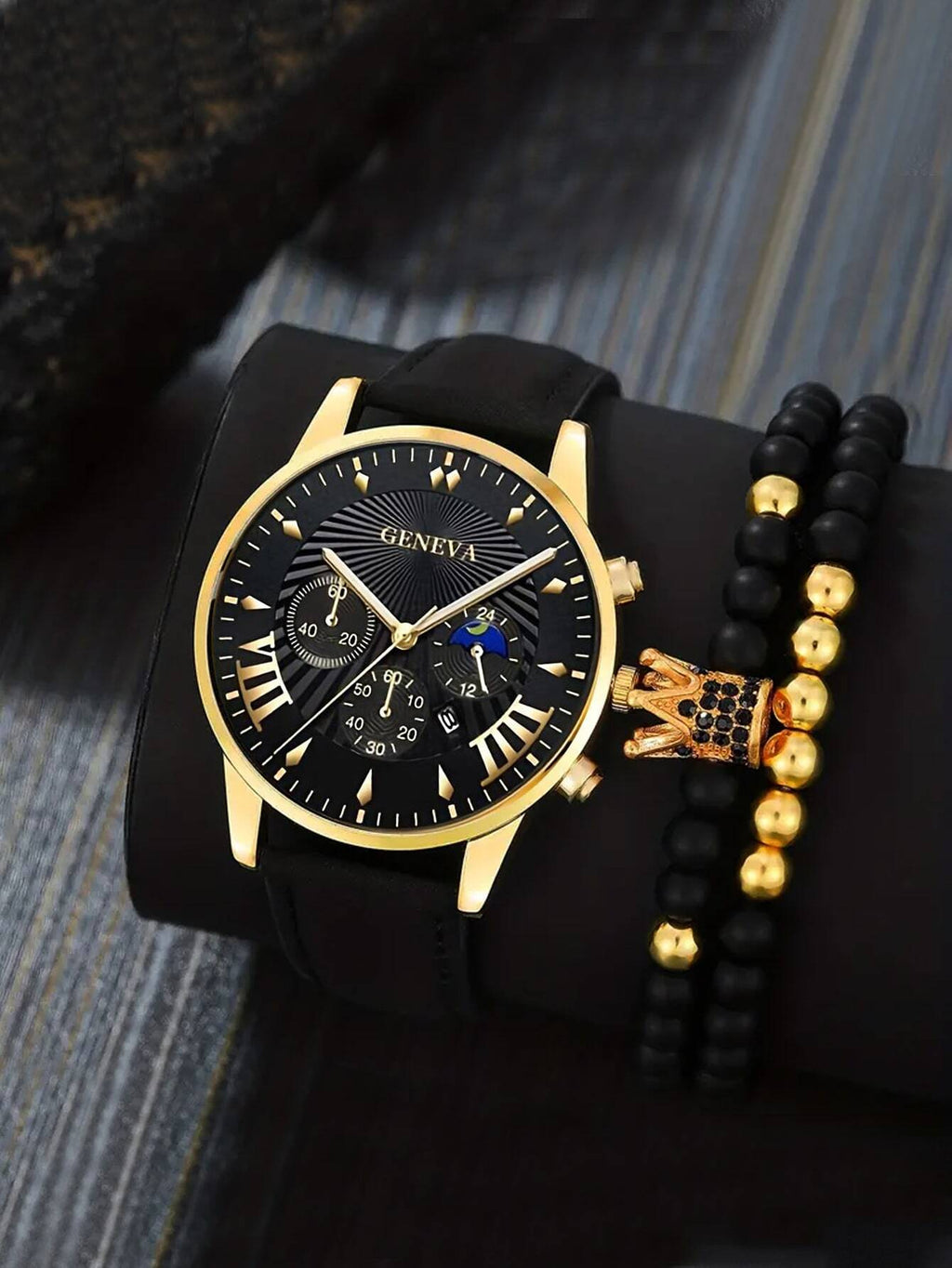 Black PU Strap Quartz Watch & Rhinestone Beaded Bracelet
