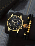 Black PU Strap Quartz Watch & Rhinestone Beaded Bracelet