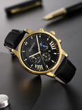 Black PU Strap Quartz Watch & Rhinestone Beaded Bracelet