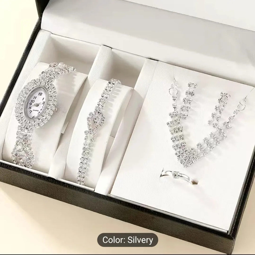 Rhinestone Quartz Watch & 5pcs Jewelry Set