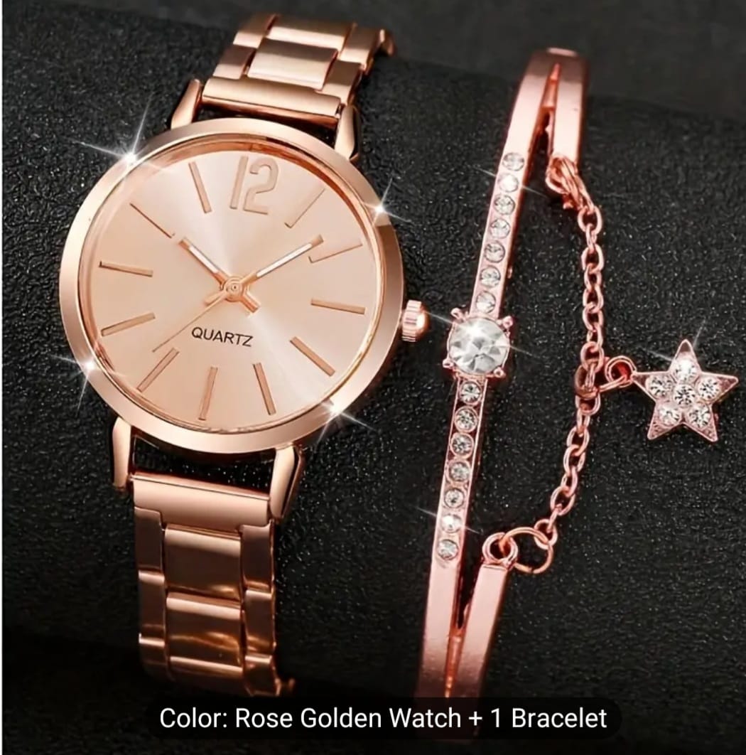 Women's Rose Golden Quartz Watch & Star Bracelet