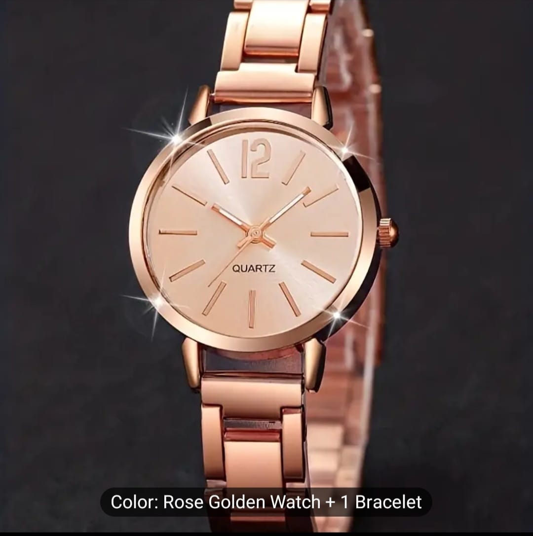 Women's Rose Gold Quartz Watch & Star Bracelet Set – Fashion Wrist Watch