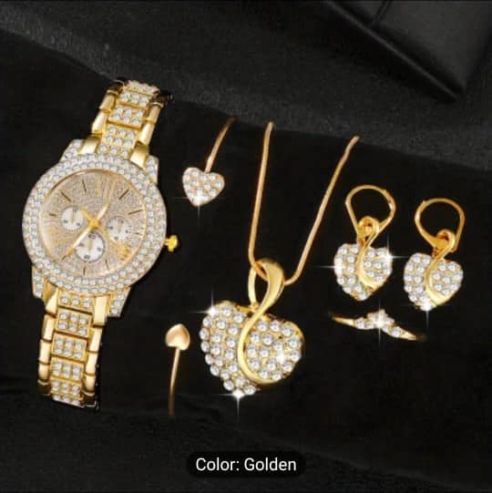 Women's Gold Rhinestone Quartz Watch with Bracelet Ring Earrings Necklace