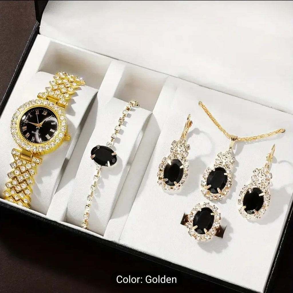Gold Diamond Watch and Jewelry Gift Box Set for Women