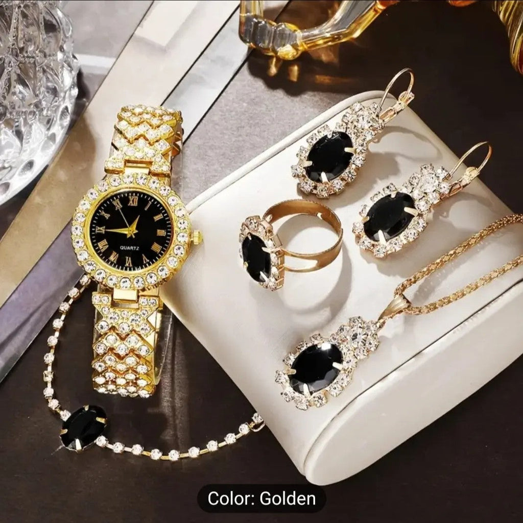 Gold Watch & Jewelry Gift Set for Women – Quartz Watch, Necklace, Bracelet, Earrings & Ring
