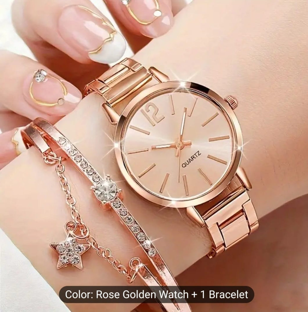 Women's Rose Gold Quartz Watch & Star Bracelet Set – Fashion Wrist Watch