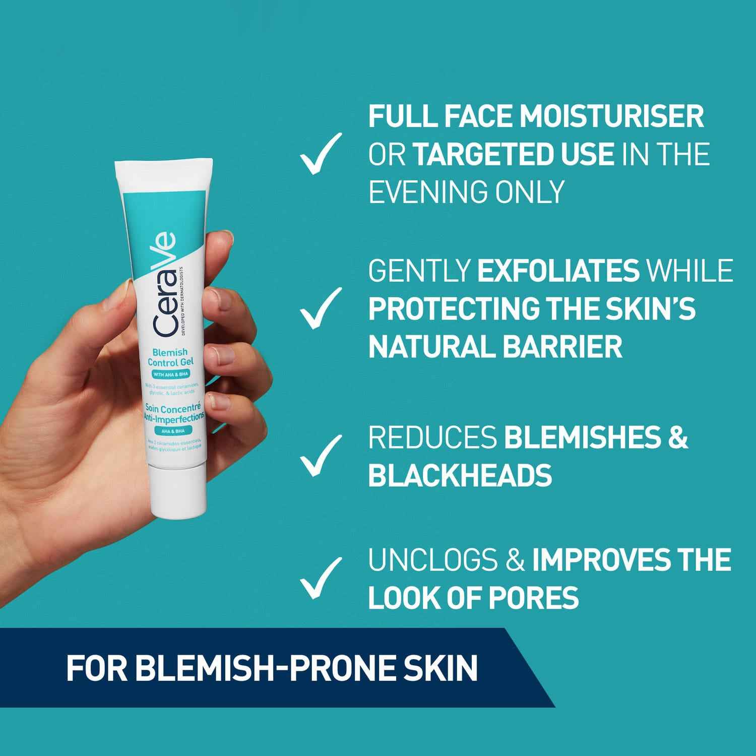 Cerave Blemish Control Gel Facial Moisturiser for Acne & Blemishes with Glycolic Acid and Lactic Acid AHA/BHA 40mL