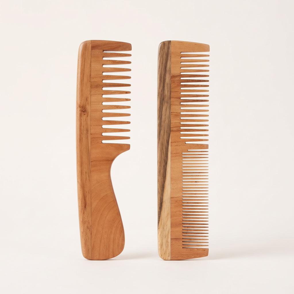 Krishya Kacchi Neem Wooden Comb (Wide + Dual Combo)