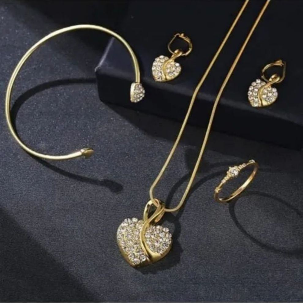 Women's Gold Quartz Watch & Jewelry Set – Rhinestone Watch, Necklace, Earrings & Ring