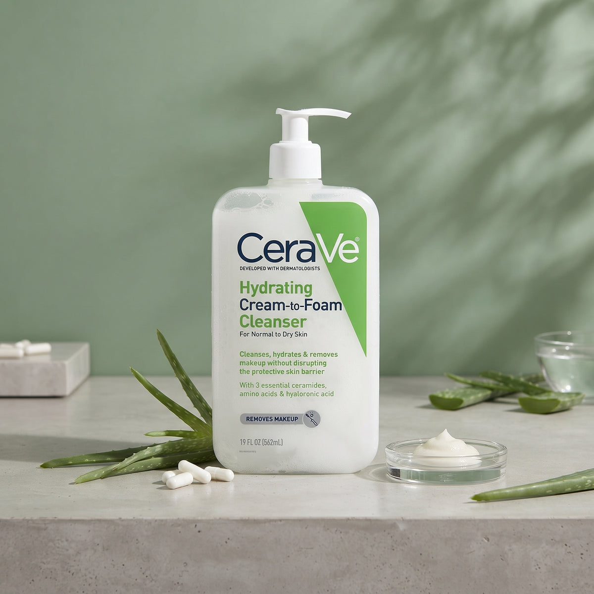 CeraVe Hydrating Cream-to-Foam Cleanser (Full Size) – Makeup-Removing Face Wash for Normal to Dry Skin