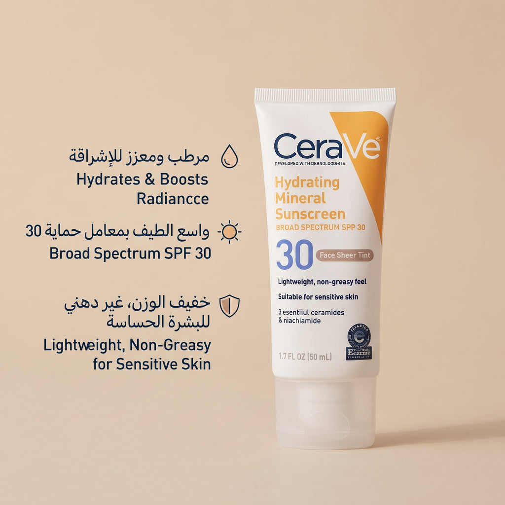 CeraVe Hydrating Mineral Sunscreen SPF 30 – Zinc Oxide Face Sunscreen for Sensitive Skin