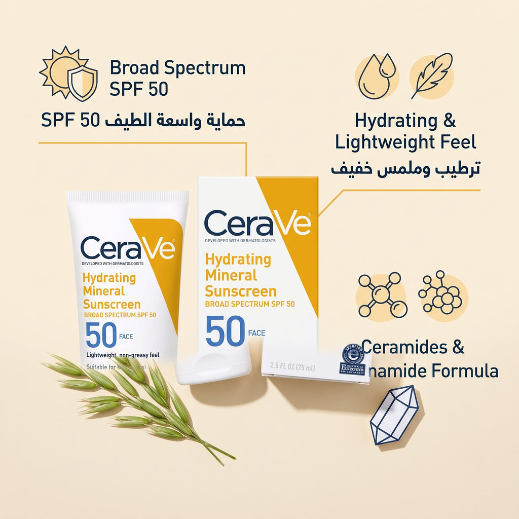 CeraVe Hydrating Mineral Sunscreen SPF 50 Face 75ml – Zinc Oxide for Sensitive Skin