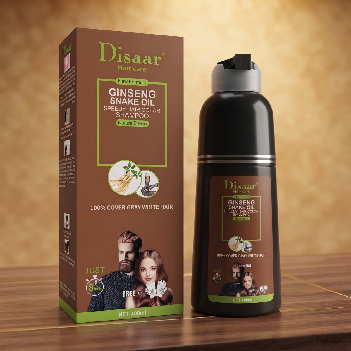 Disaar Natural Brown Hair Color Shampoo 100% Cover Gray White Hair Easy To Use Long Lasting For Girls , Men & Women 400ml