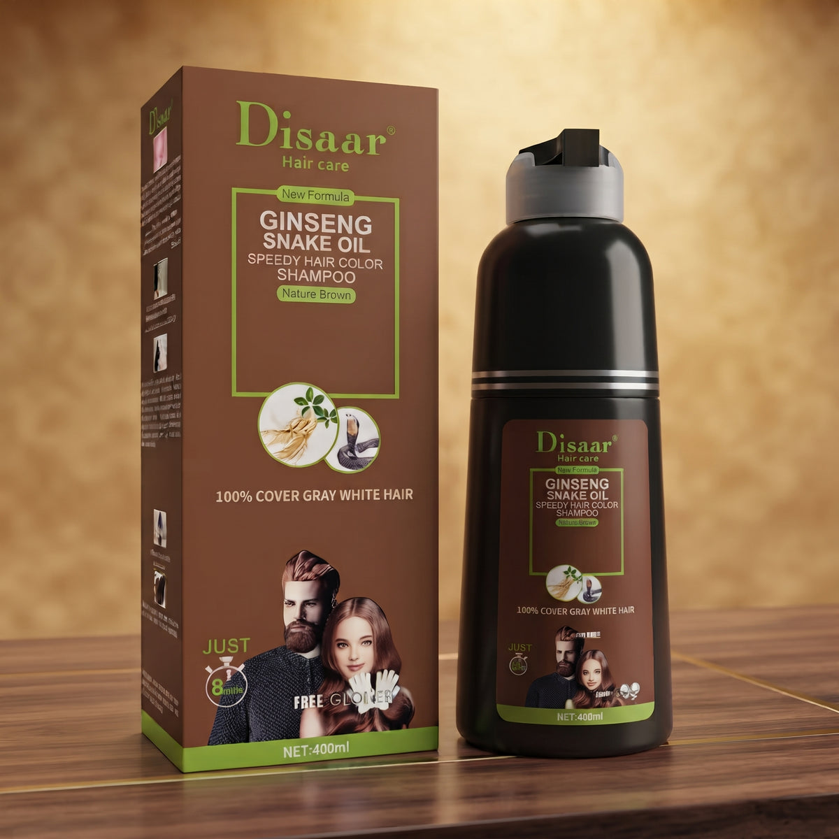 Disaar Natural Brown Hair Color Shampoo 100% Cover Gray White Hair Easy To Use Long Lasting For Girls , Men & Women 400ml
