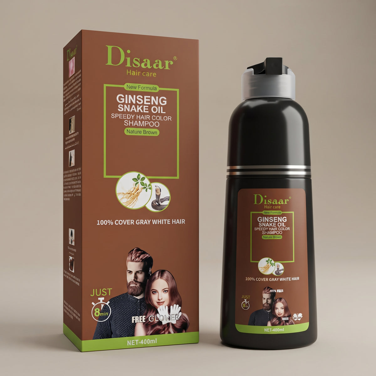 Disaar Natural Brown Hair Color Shampoo 100% Cover Gray White Hair Easy To Use Long Lasting For Girls , Men & Women 400ml