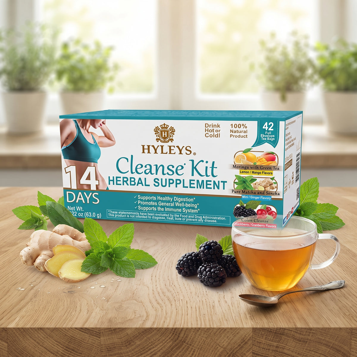 HYLEYS Tea 14 Days Cleanse Kit - 42 Tea Bags (100% Natural, Sugar Free, Gluten Free and Non-GMO), 42.0Count